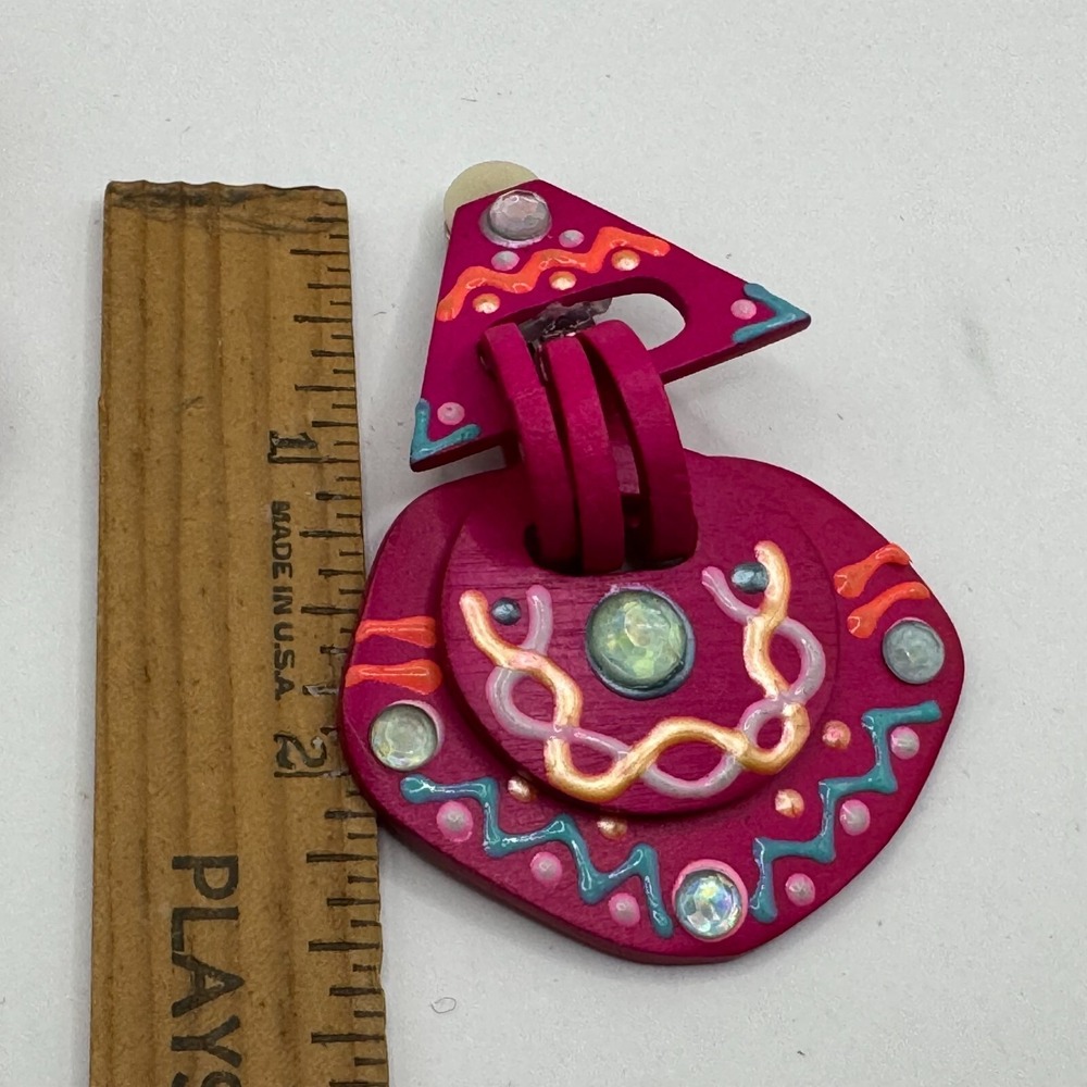 Vintage Carol For Eva Graham Clip On Earrings Large Dangle Bright Pink Geometric - Picture 9 of 10